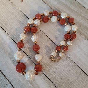Vintage Long Beaded Necklace Red Wood Mosaic Mother of Pearl Round Barrel Clasp